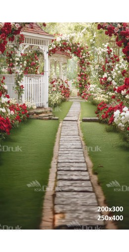 Tło fotograficzne „Ogród różany z białą altaną i kamienną ścieżką” | E672